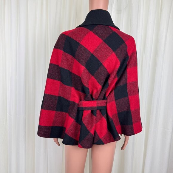 NWOT FUDA Plaid Wool Cape Poncho Shawl Coat Red Black Buffalo Size Large Y2K - Picture 4 of 12